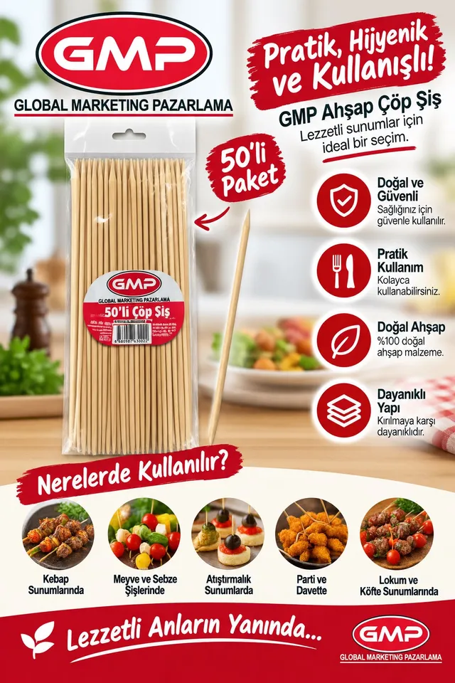 GMP 50’li Ahşap Çöp Şiş ürün paketi
