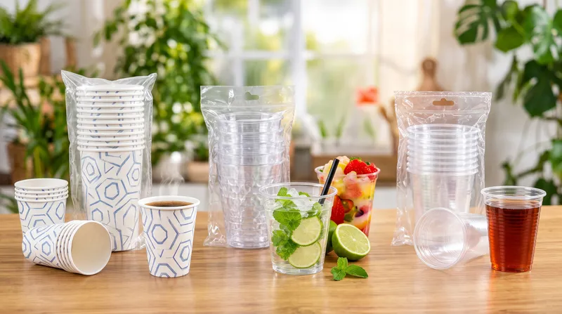 Karton, plastik ve kristal bardaklardan oluşan kompozisyon