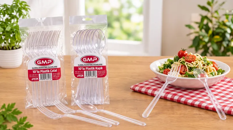 Plastik çatal ve kaşık paketlerinden oluşan kompozisyon
