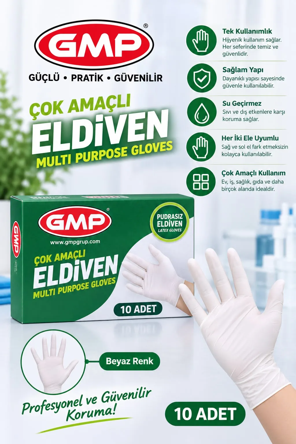 GMP Çok Amaçlı Beyaz Eldiven, pudrasız lateks, 10 adet kutu