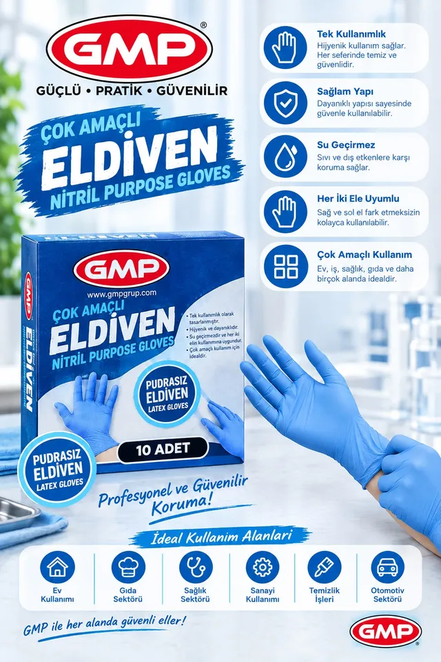 GMP Çok Amaçlı Mavi Nitril Eldiven, pudrasız, 10 adet kutu