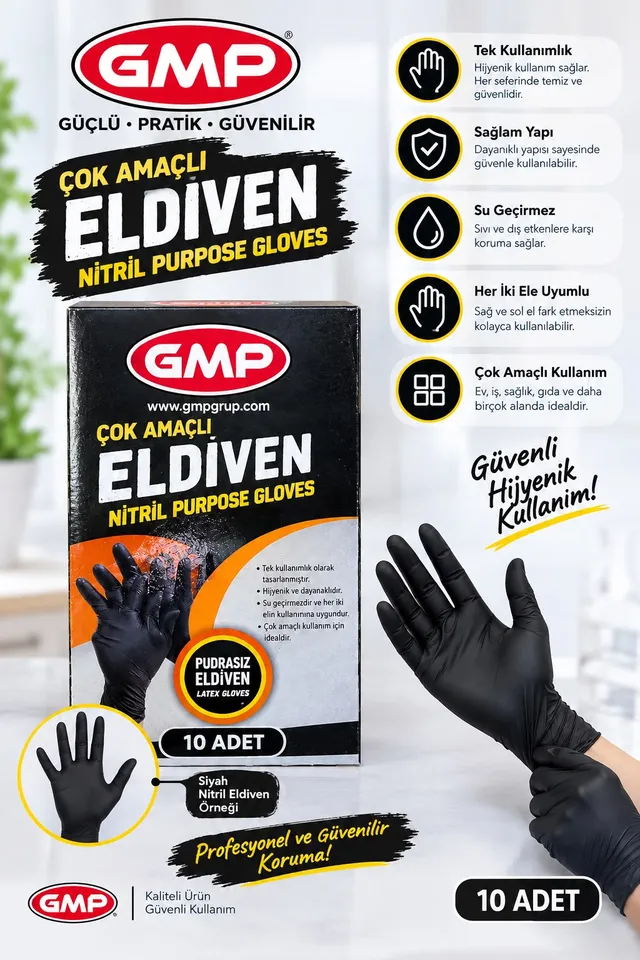 GMP Çok Amaçlı Siyah Nitril Eldiven, pudrasız, 10 adet kutu