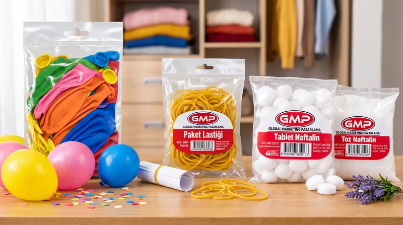 Balon, paket lastiği ve naftalin gibi parti ve ev ürünlerinden oluşan kompozisyon