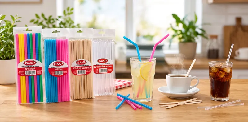 Renkli pipetler ile ahşap ve plastik karıştırıcılardan oluşan kompozisyon