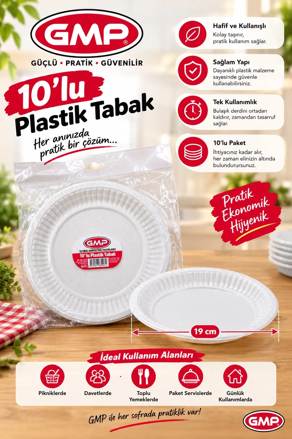 GMP 19 cm Plastik Tabak 10’lu Paket ürün paketi